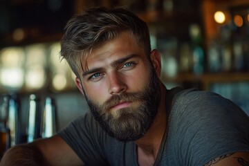 Obraz premium Handsome man with a full beard, intense gaze in a bar setting. Ideal for articles on male grooming, fashion, or lifestyle.