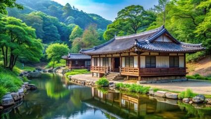 Obraz premium Traditional Korean hanok house in a quiet village surrounded by lush green trees and a serene river, korean village, hanok house