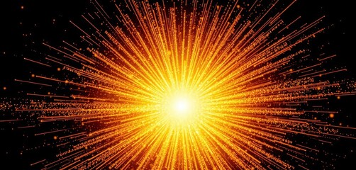 Abstract gold explosion, radiant burst of light, glittering particles, bright, cosmic