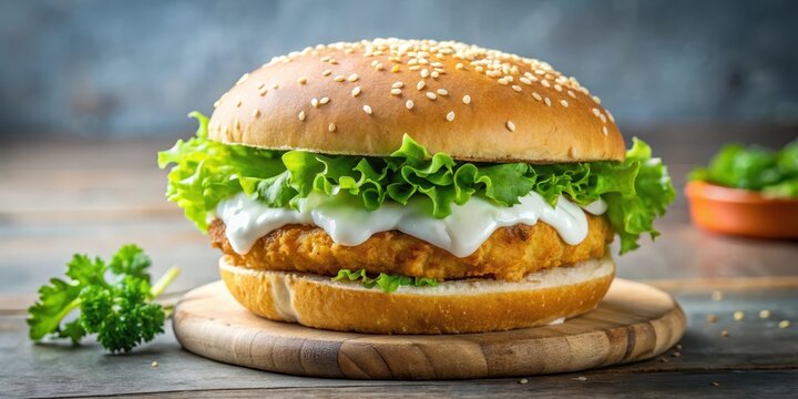 Crispy fried fish patty on a toasted sesame seed bun with crisp lettuce and creamy tartar sauce drizzle, lettuce, crispy food