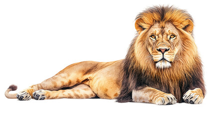 Watercolor lion illustration lying isolated on transparent background, representing a majestic wild animal, symbolizing strength and power in wildlife art.