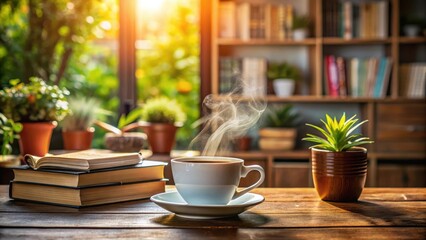 A steaming cup of coffee sitting on a wooden table with a blurred background of a cozy home environment