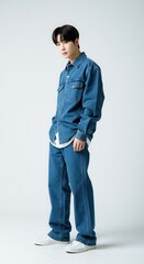 Stylish Young Korean Man in Denim Outfit Against White Background  
