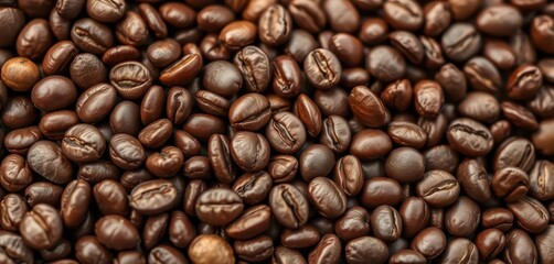 Close-up of roasted coffee beans, rich brown hues,  shiny, brown