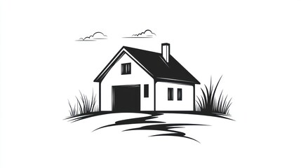 Simple black and white rural house illustration, rural landscape, quiet countryside
