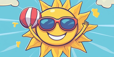 A cheerful cartoon sun wearing sunglasses holds a beach ball