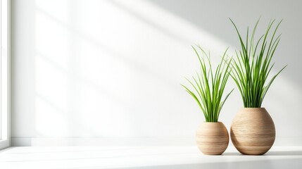 Modern Feng Shui Trends. Modern Minimalist Design with Green Plants in Stylish Wooden Pots and Natural Light Effects,3d rendering
