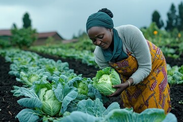 Woman harvesting fresh cabbages in a field. Illustrates sustainable farming and food production.