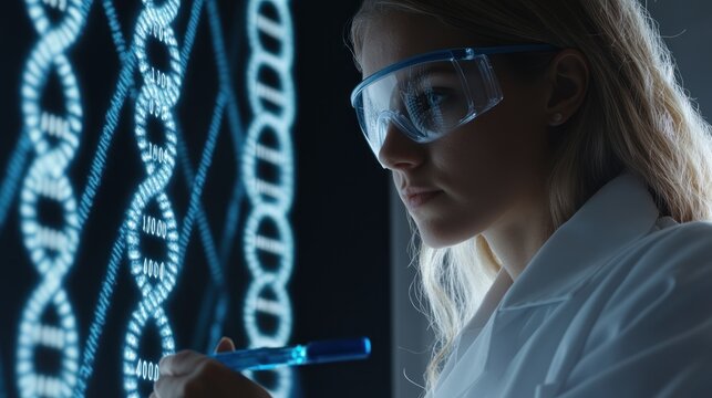 Scientist examining DNA strands on a screen.