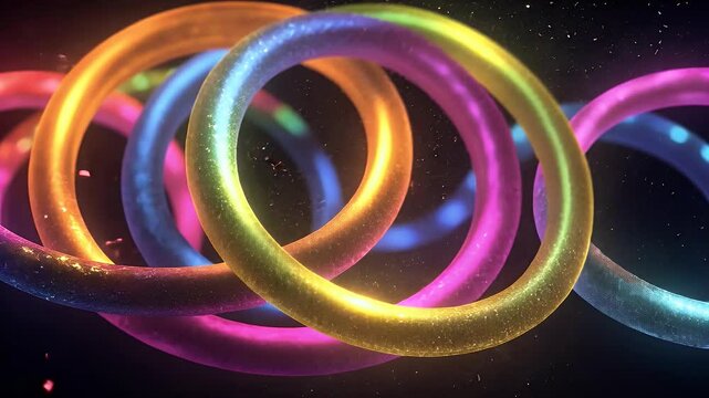 Colorful rings interlinked against a dark background create a vibrant, energetic visual with a sense of movement and celebration.