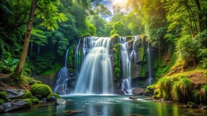 Obraz premium Waterfall in dense forest, waterfall, scenery, waterfall, scenery, wilderness, landscape, forest, forest, green