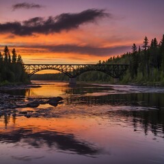 Naklejka premium Twilight Reflections: A Steel Bridge Bathed in Quebec's Sunset