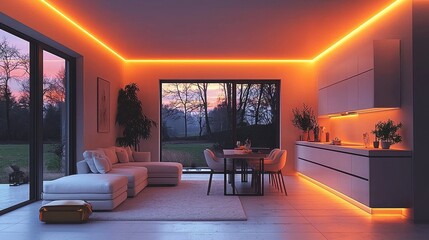 A cozy living room captured from an aerial view, featuring a plush couch adorned with colorful cushions, a stylish coffee table in the center, and warm lighting creating an inviting atmosphere.