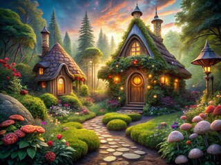 Fototapeta premium Enchanting Fairytale Cottage, whimsical architecture, storybook house, magical forest setting, fantasy home.
