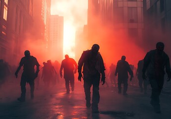 Creepy Zombies Walking Towards Camera in Apocalyptic City Scene