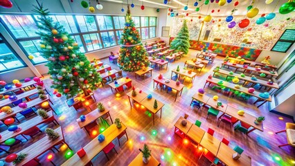 Fototapeta premium Festive Glitch Art School Classroom Drone Shot: Vibrant Holiday Decor & Digital Distortion