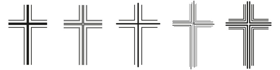 Set of Christian crosses of various designs, modern style. Crucifixion line art icons. Flat vector illustration isolated on white background.