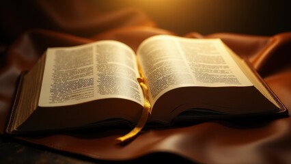 Fototapeta premium Bible with bookmark, A Bible lies open under amber light marked by an ornate golden sign showing holy wisdom through rich details.
