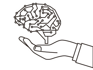 人工知能AIのイメージイラスト　手のひらに浮くコンピューター回路図に模した人の脳　白黒
