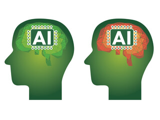 人工知能AIのイメージイラストのセット　人物の横顔と脳のコンピューター回路のワイヤーフレーム
