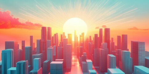 Fototapeta premium A vibrant urban city skyline at sunset with radiating sun rays