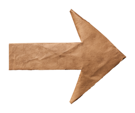 Cardboard arrow pointing to the right, isolated on a transparent background