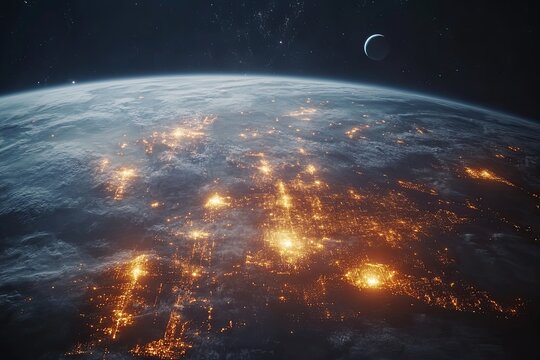 Earth from space, city lights, moon, clouds, futuristic view