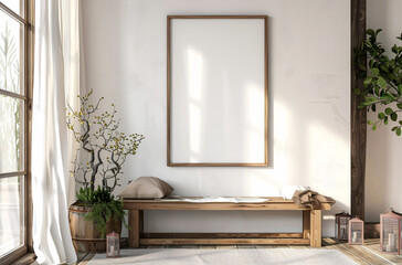 Blank picture frame mockup poster on white wall. White living room interior design.