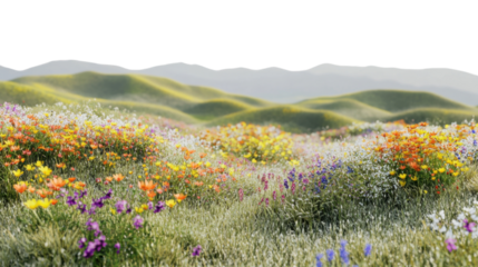 Blooming wildflowers covering rolling hills on transparent background