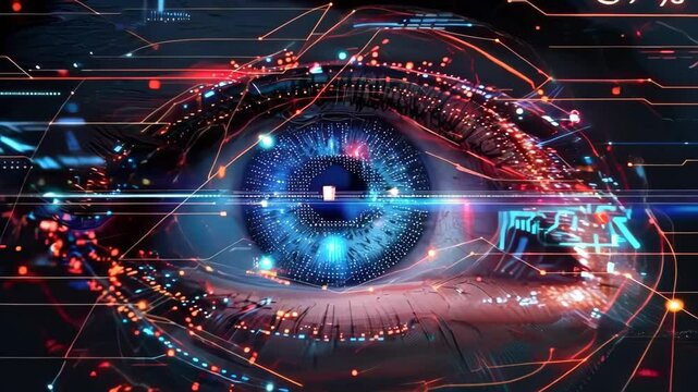 A closeup of an eye with futuristic tech elements showing digital data and numbers around the iris
