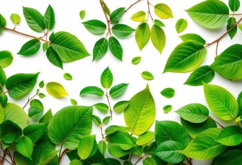 Fototapeta premium Vibrant green leaves, various shapes and sizes, isolated on pure white, vegetation, lush