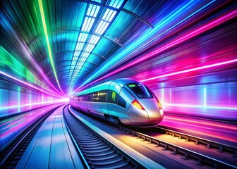 Fototapeta premium Futuristic High-Speed Train in Vibrant Illuminated Tunnel - Panoramic Stock Photo
