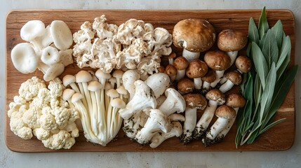 Fototapeta premium Assortment of Gourmet Mushrooms Cauliflower and Sage on Wooden Board