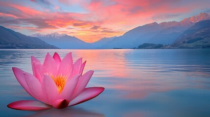 Pink Lotus Flower on Serene Lake at Sunrise with Mountain Background