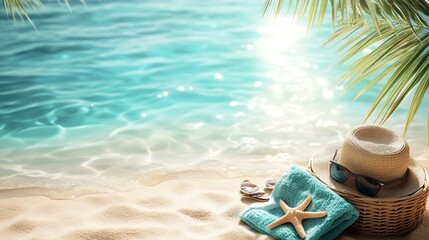 Obraz premium A serene beach scene featuring soft sand, turquoise water, a sun hat, sunglasses, a towel, and a starfish, all bathed in warm sunlight, perfect for promoting relaxation and vacatio