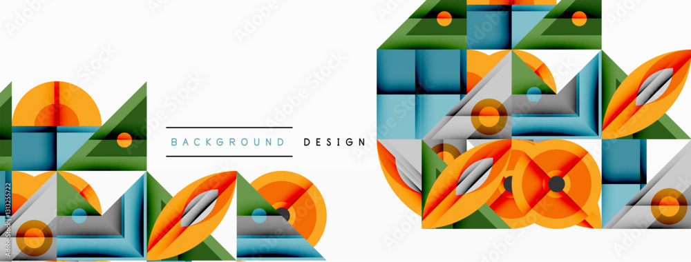 Poster Geometric abstract composition with intersecting shapes, circles, triangles, and gradients, blending vibrant colors and dynamic contrasts to create a modern, futuristic visual design