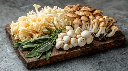 Fototapeta premium Assorted Mushrooms Oyster Shiitake Button Mushrooms Sage on Rustic Wooden Board