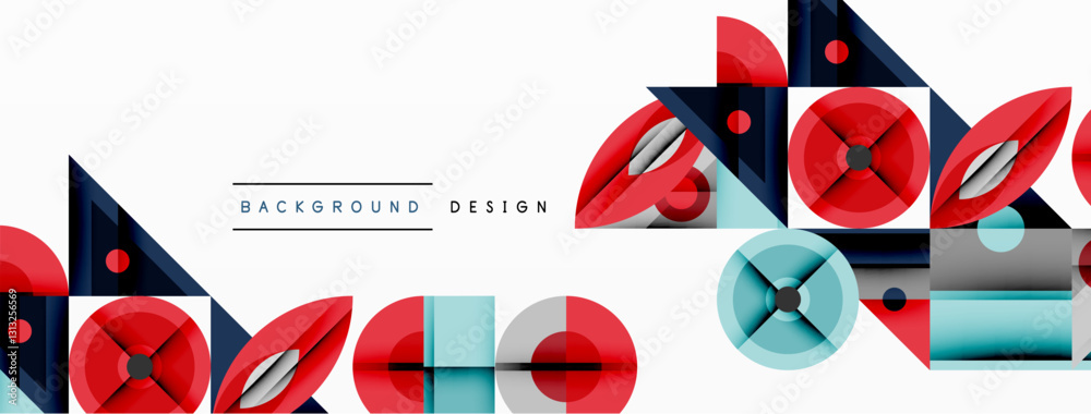 Poster Geometric abstract composition with intersecting shapes, circles, triangles, and gradients, blending vibrant colors and dynamic contrasts to create a modern, futuristic visual design