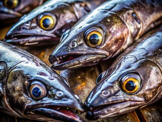 Glistening Black Scabbard Fish Eyes at Market, Ready for Cleaning - Seafood Stock Photo