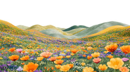 Blooming flower field covering rolling hills with transparent background