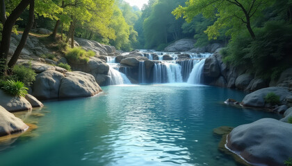 Naklejka premium serene waterfall cascading into tranquil pool surrounded by lush greenery, creating peaceful natural landscape