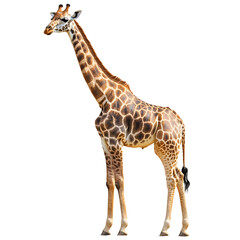 Fototapeta premium Majestic Giraffe: An iconic giraffe stands tall, showcasing its extraordinary height and distinctive patterned coat, symbolizing the wild beauty of the African savanna. 