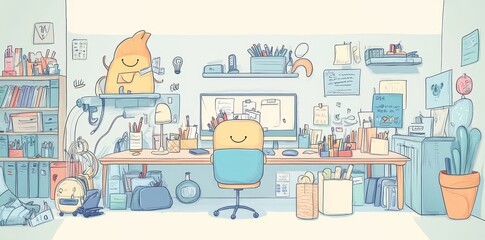 Fototapeta premium A colorful and organized office space with adorable cartoon characters