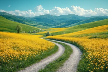 Naklejka premium Beautiful rural landscape with green and yellow fields, winding road, blue sky, and springtime scenery, perfect for aesthetic background or wallpaper.