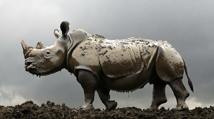 Obraz premium Rhinoceros covered in fresh mud standing tall against a stormy sky moody lighting dramatic wildlife shot