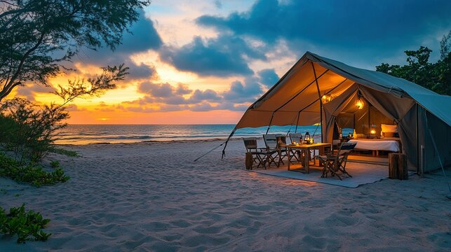 A luxurious beachside tent with lights on at sunset
