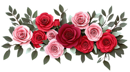 Obraz premium Bouquet of red and pink paper roses with green leaves on transparent background