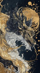 An artistic illustration depicts a stylized dragon with gold and black