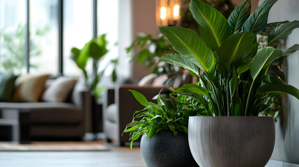 plant display with large leafy plants in decorative planters, creating a lush green atmosphere in a sleek modern apartment with soft lighting 