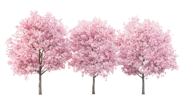 Three pink cherry blossom trees blooming on transparent background